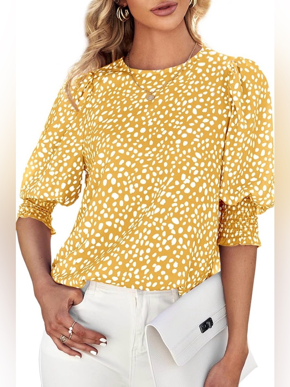 Women's Yellow/White Polka Dot Puff Sleeve Blouse Smocked Cuffs Sz M Woven